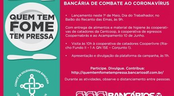 Comitê de Solidariedade Bancária lança campanha ‘Quem tem fome tem pressa’ neste 1º de Maio