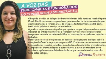 Apoiada pela Fetec-CUT/CN, Débora Fonseca vence 2º turno e será o Caref do Banco do Brasil