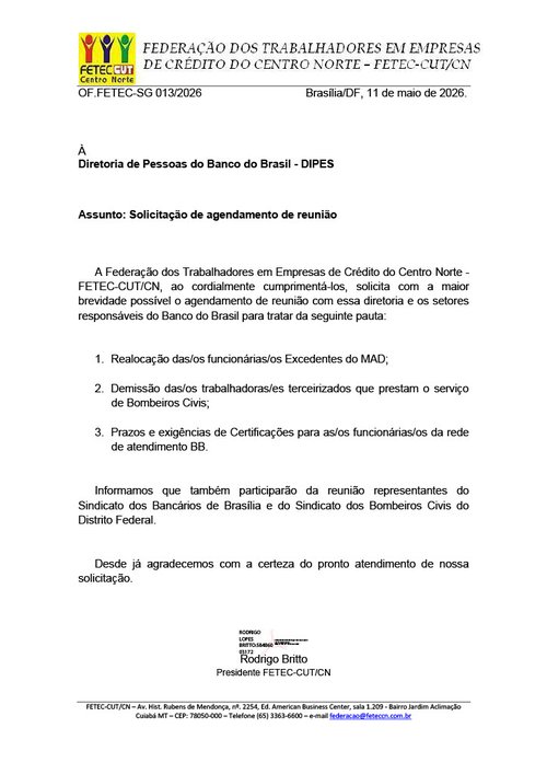 Ofício da Fetec ao BB