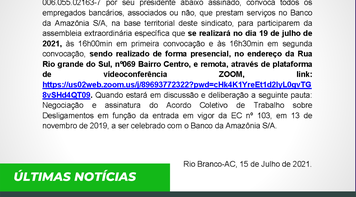 Sindicato do Acre realiza assembleia específica do Banco da Amazônia nesta segunda 19