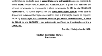 Sindicato convoca assembleia geral da categoria para discutir priorização dos bancário nas vacinação