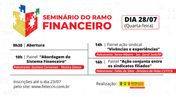 Termina nesta sexta 23 prazo para inscrição ao Seminário do Ramo Financeiro da Fetec-CUT/CN do dia 28