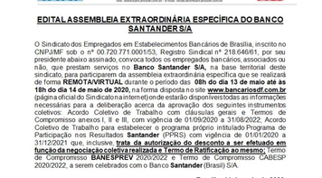 Sindicato convoca bancários do Santander para assembleia virtual na quarta (13) e quinta (14) para deliberar sobre ACT