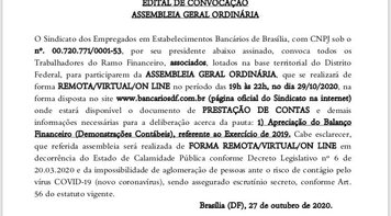 Sindicato convoca bancários para assembleia de prestação de contas nesta quinta (29)