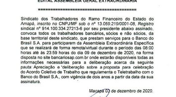 Edital de Assembleia Geral Extraordinária – Banco do Brasil – Acordo de Teletrabalho