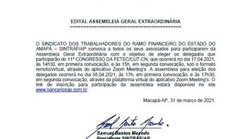 Edital de assembleia geral extraordinária – Congresso da Fetec-CUT/CN