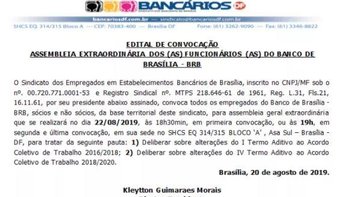 Sindicato convoca bancários do BRB para assembleia nesta quinta (22) para tratar da PLR