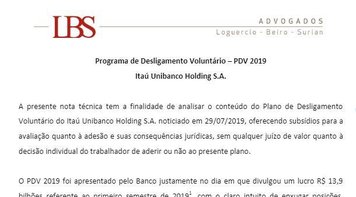 Parecer Jurídico do Sindicato de Brasília orienta bancários do Itaú sobre PDV 