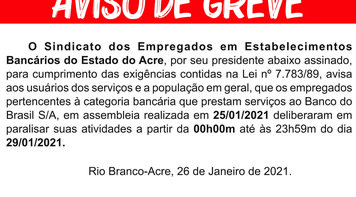 Aviso de greve dos funcionários do BB no Acre