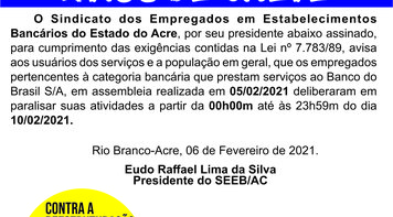 Aviso de greve no BB no Acre